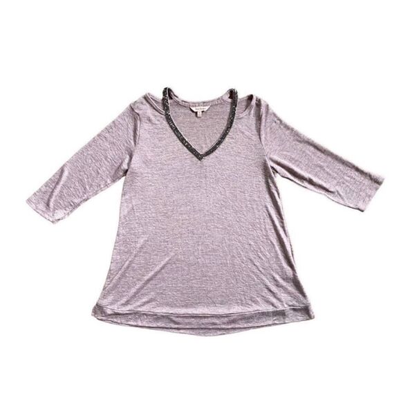 Juicy Couture Black Rhinestone V-Neck Purple Cold Shoulder Cutout Top Sz Medium - Picture 7 of 11